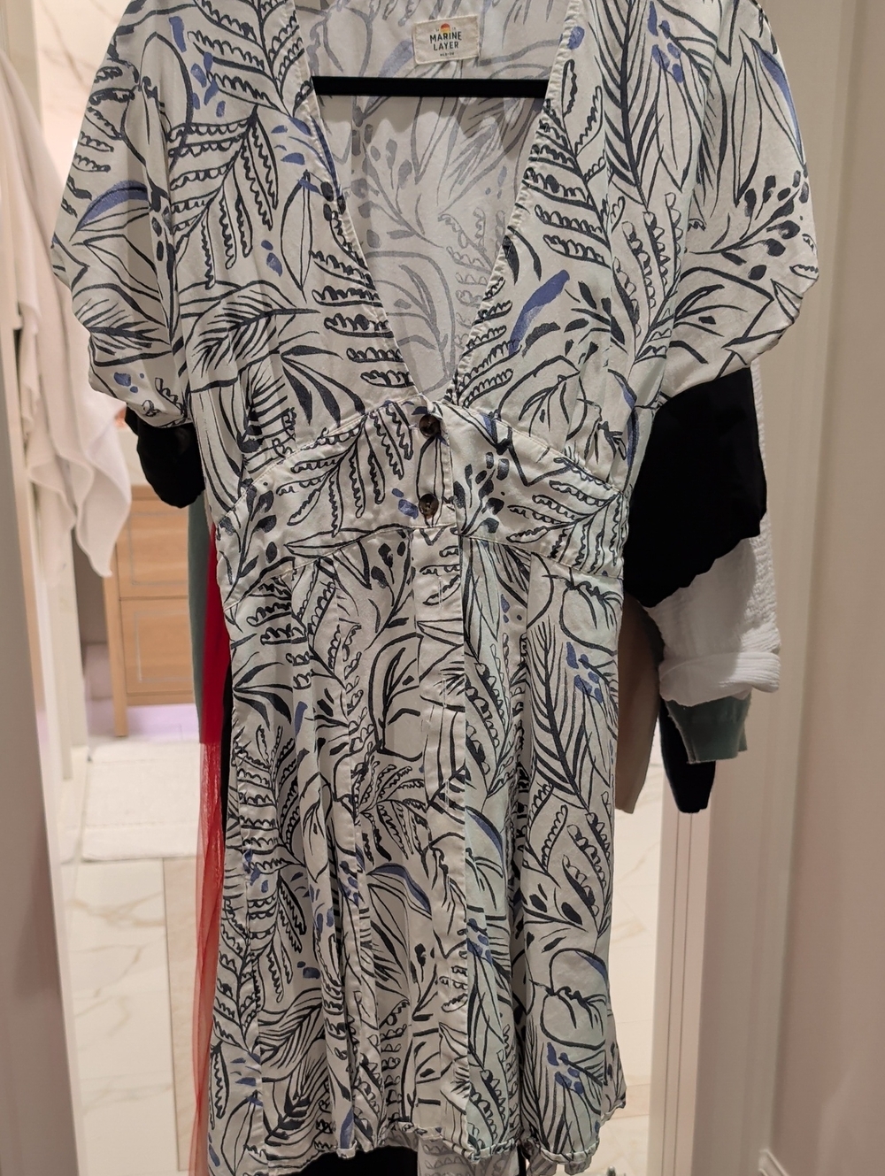 Marine Layer Camila White Mini Dress with Navy and Light Blue Botanical Print